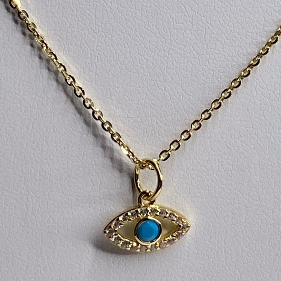 SOLD. STERLING SILVER/14KGP EVIL EYE NECKLACE ON GOLD DIAMOND CUT CHAIN - Picture 3 of 4